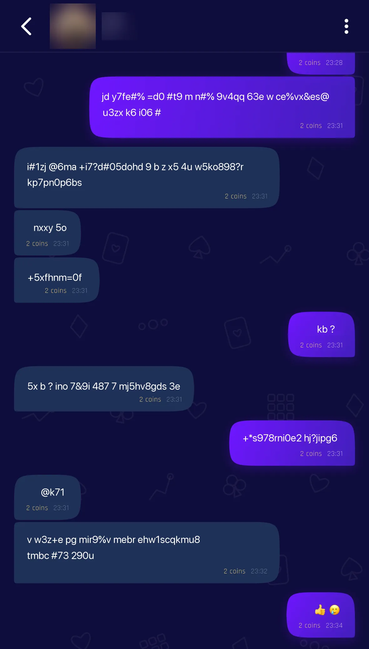 A chat between two friends; message text is scrambled for privacy