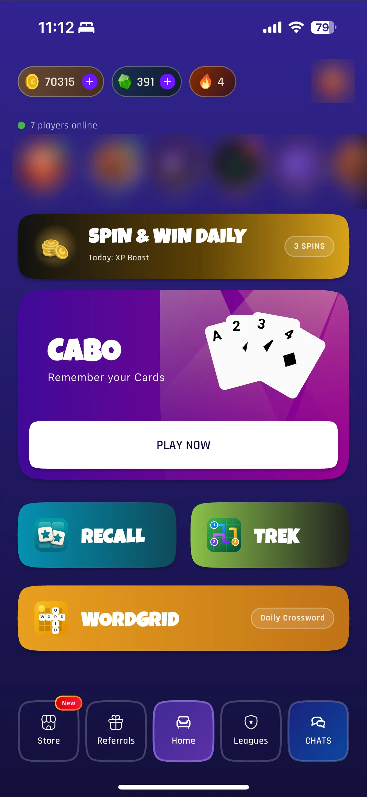 Cabo home screen with Spin and win, Cabo, Recall, Trek and Wordgrid