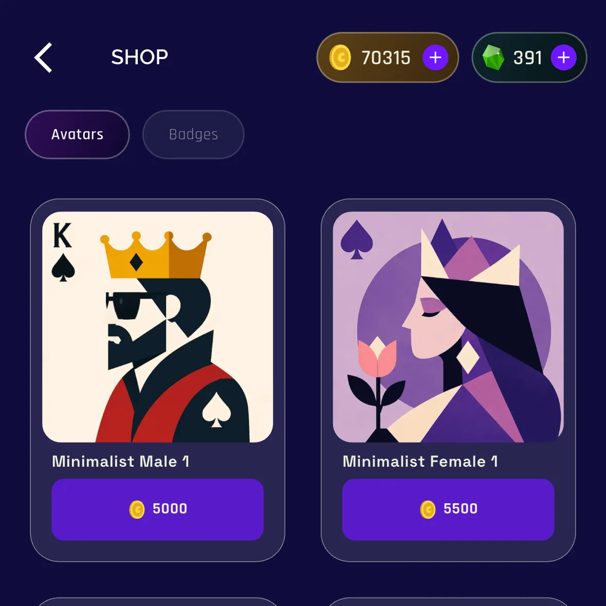 Shop avatars: a king, a queen, a fox and a masked rogue
