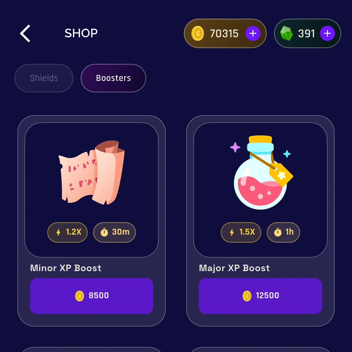 Shop boosters: XP boosts from 1.2x for 30 minutes to 1.5x for an hour