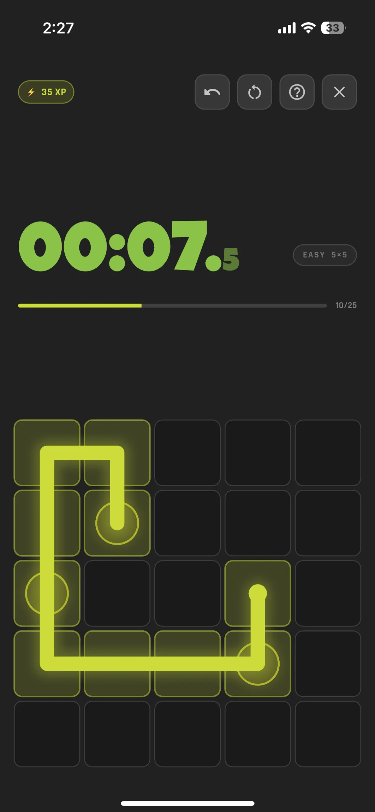 A Trek puzzle with one glowing path through the grid