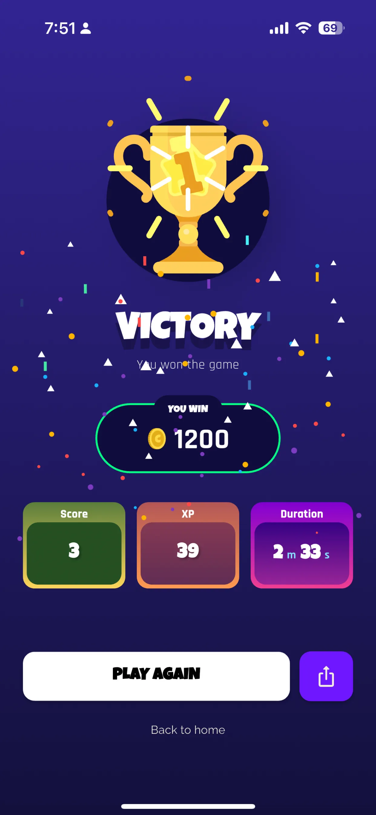 Victory screen: 1200 coins won, score 3, 39 XP, game time 2 minutes 33 seconds